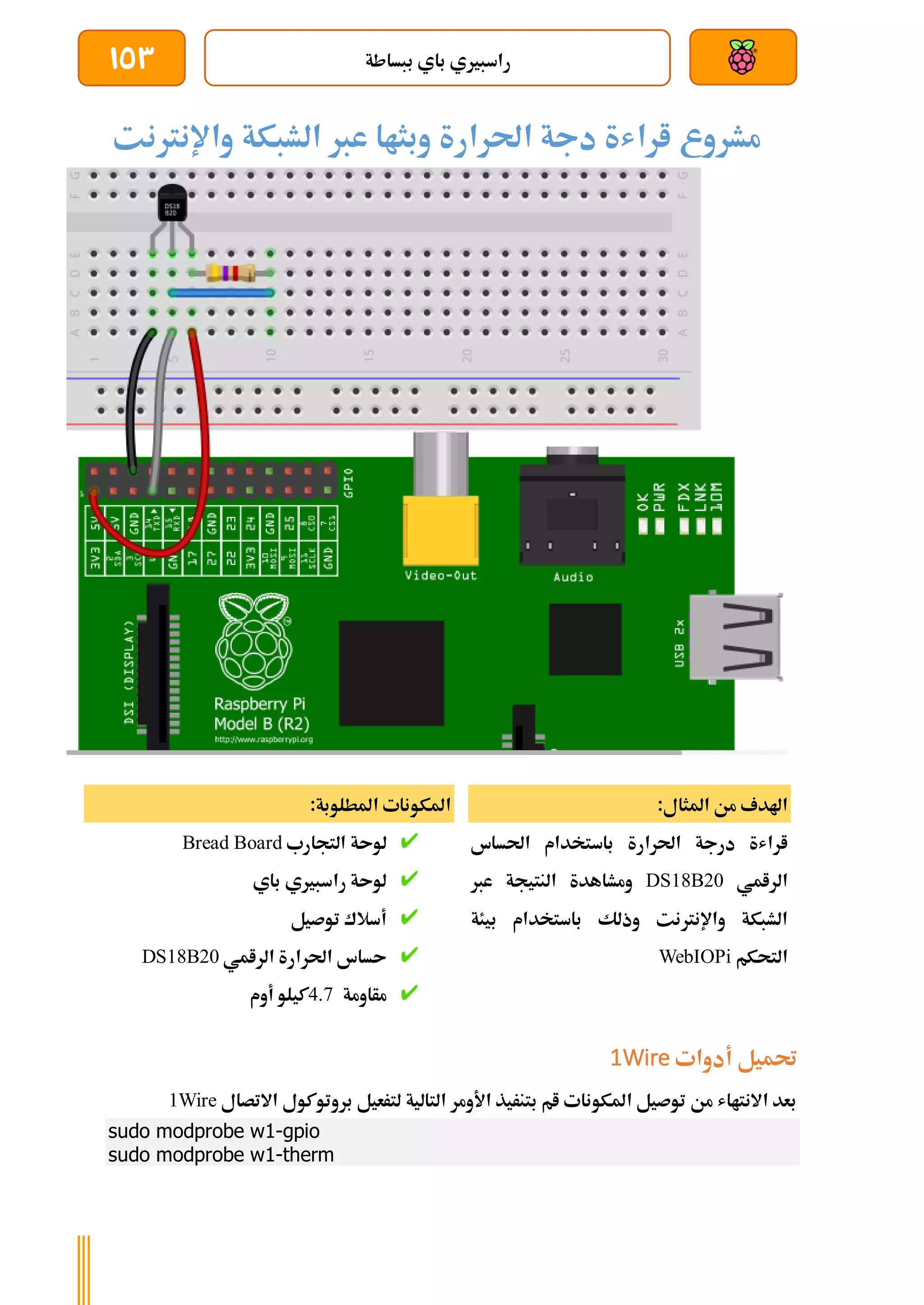 ‫ببساطة‬ ‫باي‬ ‫راسبريي‬
153
‫مشروع‬
‫واإلنرتنت‬ ‫الشبكة‬ ‫عرب‬ ‫وبثاا‬ ‫احلرارة‬ ‫دجة‬ ‫اراشة‬
:‫املثال‬ ‫من‬ ‫اهلدف‬
‫احلساس‬ ‫باستخدام‬ ‫احلرارة‬ ‫درجة‬ ‫اراشة‬
‫الرامي‬
DS18B20
‫عرب‬ ‫النتيجة‬ ‫ومشاهدة‬
‫بيئة‬ ‫باستخدام‬ ‫وذلك‬ ‫واإلنرتنت‬ ‫الشبكة‬
‫التحكم‬
WebIOPi
:‫املطلوبة‬ ‫املكونات‬
‫ل‬
‫التجارب‬ ‫وىة‬
Bread Board
‫باي‬ ‫راسبريي‬ ‫لوىة‬
‫توصيل‬ ‫أسالك‬
‫الرامي‬ ‫احلرارة‬ ‫ىساس‬
DS18B20
‫مأاومة‬
4.7
‫أوم‬ ‫كيلو‬
‫أدوات‬ ‫حتميل‬
1Wire
‫االتصال‬ ‫بروتوكول‬ ‫لترعيل‬ ‫التالية‬ ‫األومر‬ ‫بتنريذ‬ ‫ام‬ ‫املكونات‬ ‫توصيل‬ ‫من‬ ‫االنتااش‬ ‫بعد‬
1Wire
sudo modprobe w1-gpio
sudo modprobe w1-therm
 