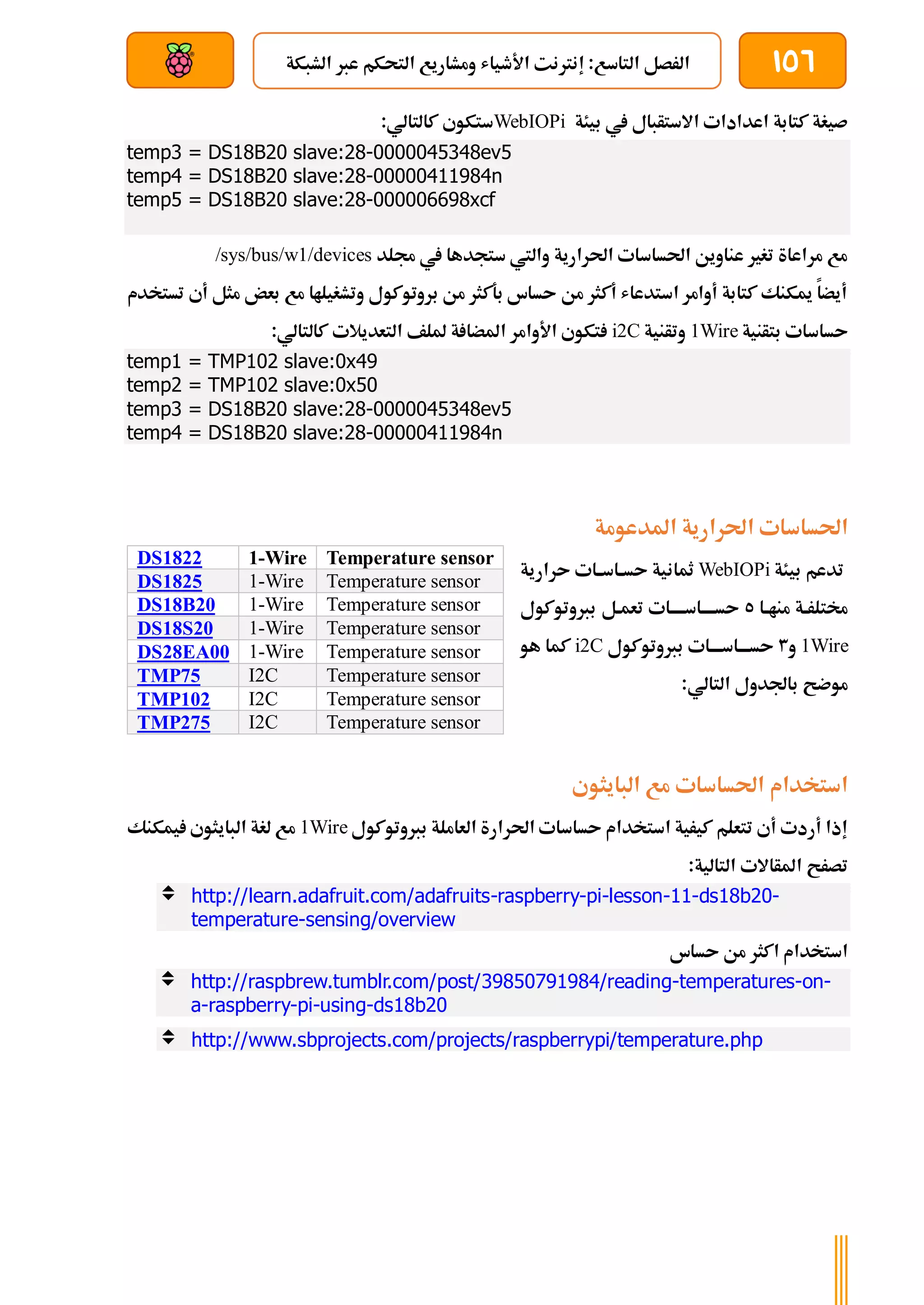 156
‫الشبكة‬ ‫عرب‬ ‫التحكم‬ ‫ومشاريع‬ ‫األطياش‬ ‫إنرتنت‬ :‫التاسع‬ ‫الرصل‬
‫بعد‬ ‫عن‬ ‫والتحكم‬ ‫سلكي‬
‫بيئة‬ ‫يف‬ ‫االستأبال‬ ‫اعدادات‬ ‫كتابة‬ ‫صيغة‬
WebIOPi
:‫كالتالي‬ ‫ستكوي‬
temp3 = DS18B20 slave:28-0000045348ev5
temp4 = DS18B20 slave:28-00000411984n
temp5 = DS18B20 slave:28-000006698xcf
‫جملد‬ ‫يف‬ ‫ستجدها‬ ‫واليت‬ ‫احلرارية‬ ‫احلساسات‬ ‫عناوين‬ ‫تغري‬ ‫مراعاة‬ ‫مع‬
/sys/bus/w1/devices
‫تستخدم‬ ‫أي‬ ‫مثل‬ ‫بعض‬ ‫مع‬ ‫وتشغيلاا‬ ‫بروتوكول‬ ‫من‬ ‫بةكثر‬ ‫ىساس‬ ‫من‬ ‫أكثر‬ ‫استدعاش‬ ‫أوامر‬ ‫كتابة‬ ‫ميكنك‬ ‫أيضا‬
‫بتأنية‬ ‫ىساسات‬
1Wire
‫وتأنية‬
i2C
‫األوامر‬ ‫تكوي‬
:‫كالتالي‬ ‫التعديالت‬ ‫مللف‬ ‫ة‬ ‫املضا‬
temp1 = TMP102 slave:0x49
temp2 = TMP102 slave:0x50
temp3 = DS18B20 slave:28-0000045348ev5
temp4 = DS18B20 slave:28-00000411984n
‫املدعومة‬ ‫احلرارية‬ ‫احلساسات‬
‫بيئة‬ ‫تدعم‬
WebIOPi
‫مثان‬
‫ىرارية‬ ‫ةات‬‫ة‬‫ةاس‬‫ة‬‫ىس‬ ‫ية‬
‫ةا‬‫ة‬‫منا‬ ‫ةة‬‫ة‬‫خمتلر‬
5
‫بربوتوكول‬ ‫ةل‬‫ة‬‫تعم‬ ‫ةات‬‫ة‬‫ىسةةةةاسةةة‬
1Wire
‫و‬
3
‫بربوتوكول‬ ‫ةات‬‫ة‬‫ةاسةة‬‫ة‬‫ىسةة‬
i2C
‫هو‬ ‫كما‬
:‫التالي‬ ‫باجلدول‬ ‫موضح‬
‫البايثوي‬ ‫مع‬ ‫احلساسات‬ ‫استخدام‬
‫بربوتوكول‬ ‫العاملة‬ ‫احلرارة‬ ‫ىساسات‬ ‫استخدام‬ ‫كيرية‬ ‫تتعلم‬ ‫أي‬ ‫أردت‬ ‫إذا‬
1Wire
‫يمكنك‬ ‫البايثوي‬ ‫لغة‬ ‫مع‬
‫التالية‬ ‫املأاالت‬ ‫تصرح‬
:
 http://learn.adafruit.com/adafruits-raspberry-pi-lesson-11-ds18b20-
temperature-sensing/overview
‫ىساس‬ ‫من‬ ‫اكثر‬ ‫استخدام‬
 http://raspbrew.tumblr.com/post/39850791984/reading-temperatures-on-
a-raspberry-pi-using-ds18b20
 http://www.sbprojects.com/projects/raspberrypi/temperature.php
DS1822 1-Wire Temperature sensor
DS1825 1-Wire Temperature sensor
DS18B20 1-Wire Temperature sensor
DS18S20 1-Wire Temperature sensor
DS28EA00 1-Wire Temperature sensor
TMP75 I2C Temperature sensor
TMP102 I2C Temperature sensor
TMP275 I2C Temperature sensor
 