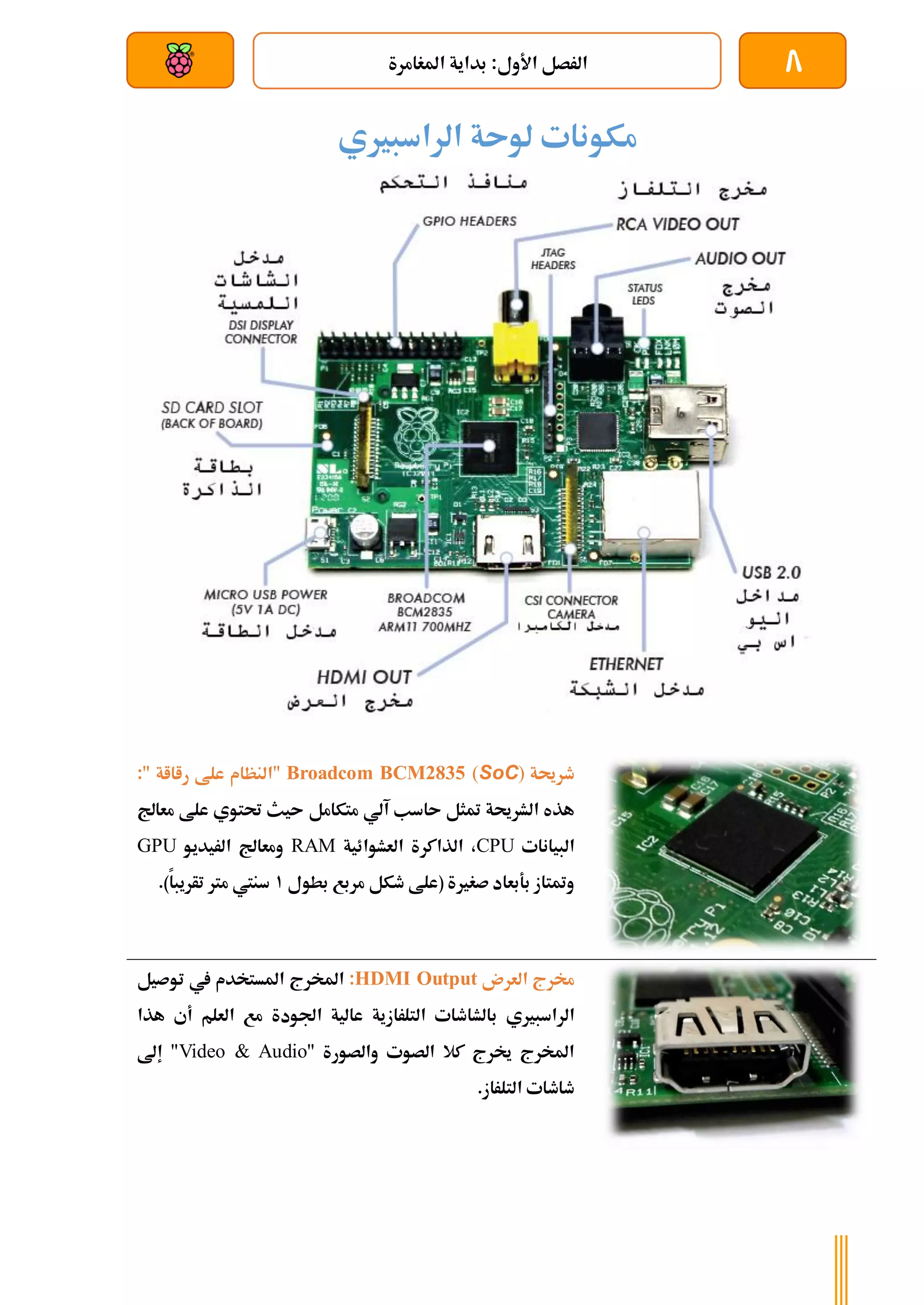 8
‫املغامرة‬ ‫بداية‬ :‫األول‬ ‫الرصل‬
‫بعد‬ ‫عن‬ ‫والتحكم‬ ‫سلكي‬
‫مكونات‬
‫الراسبريي‬ ‫لوىة‬
‫طرحية‬
)
SoC
(
2835
Broadcom BCM
:" ‫راااة‬ ‫علط‬ ‫"النظام‬
‫الشرحية‬ ‫هذه‬
‫متثل‬
‫آلي‬ ‫ىاسب‬
‫متكامل‬
‫علط‬ ‫حتتوي‬ ‫ىيث‬
‫م‬
‫عاجل‬
‫البيانات‬
CPU
،
‫الذاكر‬
‫ة‬
‫العشوائية‬
RAM
‫الريديو‬ ‫ومعاجل‬
GPU
‫بطول‬ ‫مربع‬ ‫طكل‬ ‫(علط‬ ‫صغرية‬ ‫بةبعاد‬ ‫ومتتاز‬
1
.)‫تأريبا‬ ‫مرت‬ ‫سنيت‬
‫العرن‬ ‫خمرج‬
HDMI Output
:
‫يف‬ ‫املستخدم‬ ‫املخرج‬
‫توصيل‬
‫الراسبريي‬
‫التلرازية‬ ‫بالشاطات‬
‫هذ‬ ‫أي‬ ‫العلم‬ ‫مع‬ ‫اجلودة‬ ‫عالية‬
‫ا‬
" ‫والصورة‬ ‫الصوت‬ ‫كال‬ ‫خيرج‬ ‫املخرج‬
Video & Audio
‫إىل‬ "
‫التلراز‬ ‫طاطات‬
.
 
