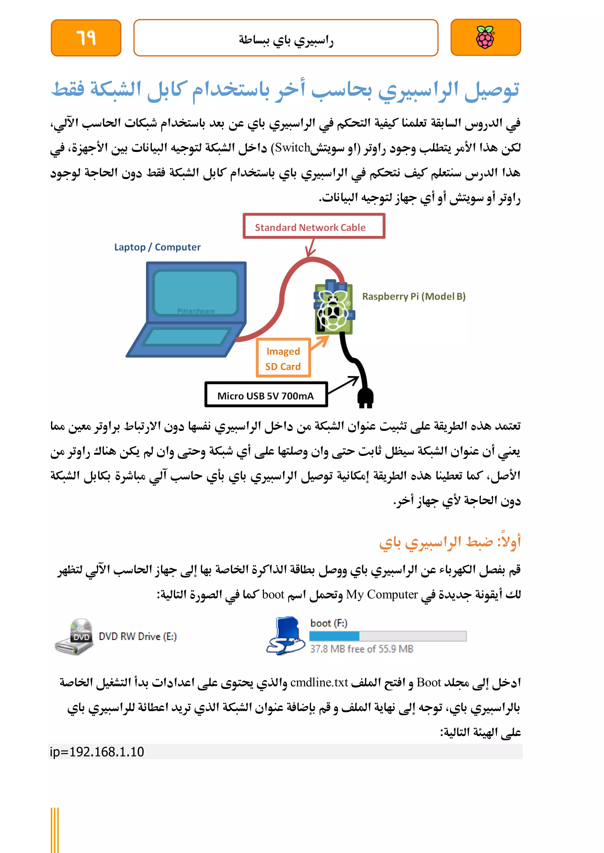 ‫ببساطة‬ ‫باي‬ ‫راسبريي‬
69
‫أط‬ ‫الشبكة‬ ‫كابل‬ ‫باستخدام‬ ‫أخر‬ ‫حباسب‬ ‫الراسبريي‬ ‫توصيل‬
‫ا‬ ‫طبكات‬ ‫باستخدام‬ ‫بعد‬ ‫عن‬ ‫باي‬ ‫الراسبريي‬ ‫يف‬ ‫التحكم‬ ‫كيرية‬ ‫تعلمنا‬ ‫السابأة‬ ‫الدروس‬ ‫يف‬
‫حل‬
،‫اآللي‬ ‫اسب‬
‫سويتش‬ ‫(او‬ ‫راوتر‬ ‫وجود‬ ‫يتطلب‬ ‫األمر‬ ‫هذا‬ ‫لكن‬
Switch
‫يف‬ ،‫األجازة‬ ‫بني‬ ‫البيانات‬ ‫لتوجيه‬ ‫الشبكة‬ ‫داخل‬ )
‫لوجود‬ ‫احلاجة‬ ‫دوي‬ ‫أط‬ ‫الشبكة‬ ‫كابل‬ ‫باستخدام‬ ‫باي‬ ‫الراسبريي‬ ‫يف‬ ‫نتحكم‬ ‫كيف‬ ‫سنتعلم‬ ‫الدرس‬ ‫هذا‬
.‫البيانات‬ ‫لتوجيه‬ ‫جااز‬ ‫أي‬ ‫أو‬ ‫سويتش‬ ‫أو‬ ‫راوتر‬
‫عل‬ ‫الطريأة‬ ‫هذه‬ ‫تعتمد‬
‫تثبيت‬ ‫ط‬
‫مما‬ ‫معني‬ ‫براوتر‬ ‫االرتباط‬ ‫دوي‬ ‫نرساا‬ ‫الراسبريي‬ ‫داخل‬ ‫من‬ ‫الشبكة‬ ‫عنواي‬
‫من‬ ‫راوتر‬ ‫هناك‬ ‫يكن‬ ‫مل‬ ‫واي‬ ‫وىتط‬ ‫طبكة‬ ‫أي‬ ‫علط‬ ‫وصلتاا‬ ‫واي‬ ‫ىتط‬ ‫ثابت‬ ‫سيظل‬ ‫الشبكة‬ ‫عنواي‬ ‫أي‬ ‫يعين‬
‫الشبكة‬ ‫بكابل‬ ‫مباطرة‬ ‫آلي‬ ‫ىاسب‬ ‫بةي‬ ‫باي‬ ‫الراسبريي‬ ‫توصيل‬ ‫إمكانية‬ ‫الطريأة‬ ‫هذه‬ ‫تعطينا‬ ‫كما‬ ،‫األصل‬
‫دوي‬
‫ألي‬ ‫احلاجة‬
.‫أخر‬ ‫جااز‬
‫ضب‬ :‫أوال‬
‫ط‬
‫باي‬ ‫الراسبريي‬
‫لتظار‬ ‫اآللي‬ ‫احلاسب‬ ‫جااز‬ ‫إىل‬ ‫باا‬ ‫اخلاصة‬ ‫الذاكرة‬ ‫بطااة‬ ‫ووصل‬ ‫باي‬ ‫الراسبريي‬ ‫عن‬ ‫الكارباش‬ ‫برصل‬ ‫ام‬
‫يف‬ ‫جديدة‬ ‫أيأونة‬ ‫لك‬
My Computer
‫اسم‬ ‫وحتمل‬
boot
:‫التالية‬ ‫الصورة‬ ‫يف‬ ‫كما‬
‫جملد‬ ‫إىل‬ ‫ادخل‬
Boot
‫امللف‬ ‫تح‬ ‫ا‬ ‫و‬
cmdline.txt
‫وا‬
‫اخلاصة‬ ‫التشغيل‬ ‫بدأ‬ ‫اعدادات‬ ‫علط‬ ‫حيتوى‬ ‫لذي‬
‫باي‬ ‫للراسبريي‬ ‫اعطائة‬ ‫تريد‬ ‫الذي‬ ‫الشبكة‬ ‫عنواي‬ ‫ة‬ ‫بإضا‬ ‫ام‬ ‫و‬ ‫امللف‬ ‫نااية‬ ‫إىل‬ ‫توجه‬ ،‫باي‬ ‫بالراسبريي‬
:‫التالية‬ ‫اهليئة‬ ‫علط‬
ip=192.168.1.10
 