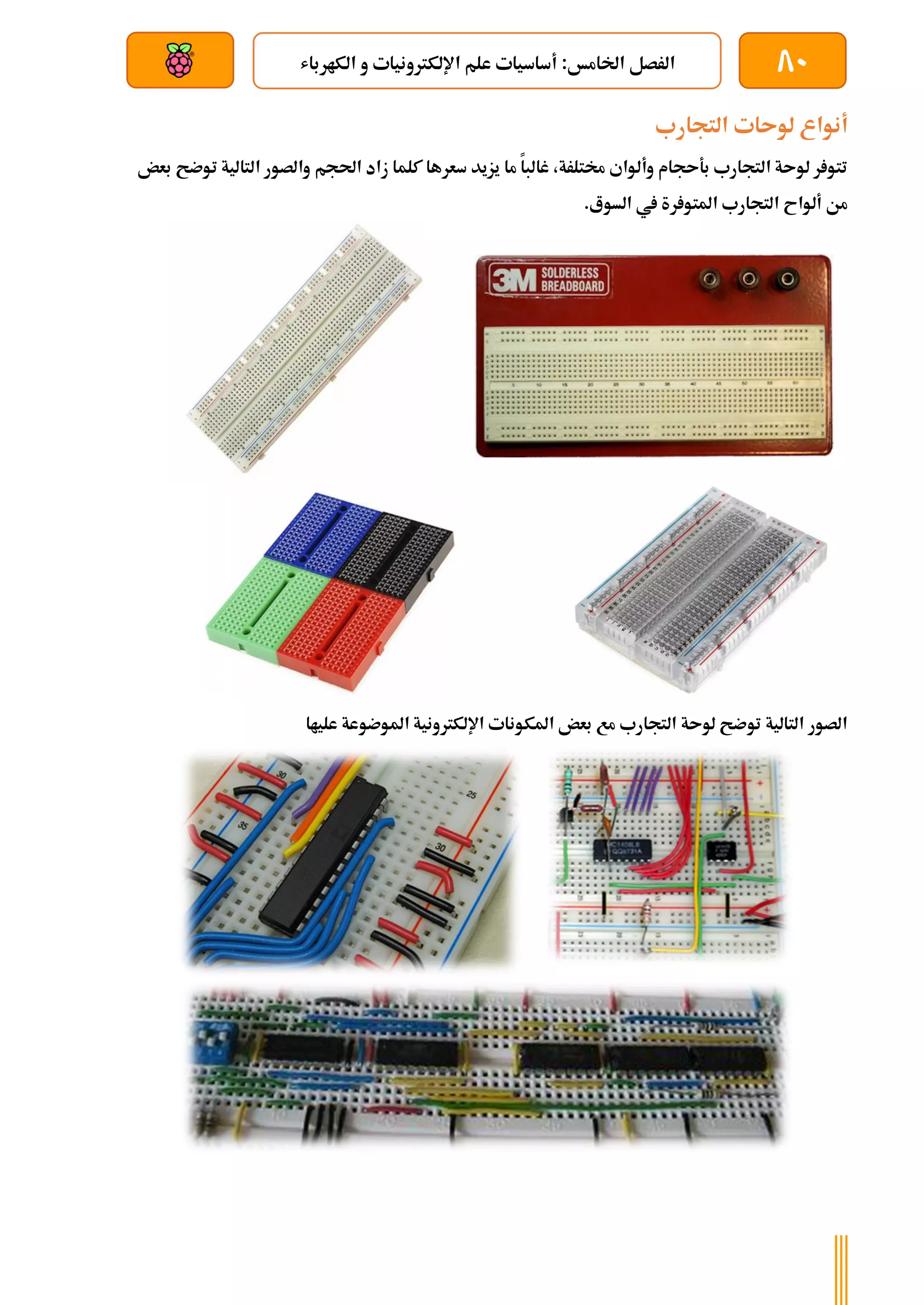 80
‫الكارباش‬ ‫و‬ ‫اإللكرتونيات‬ ‫علم‬ ‫أساسيات‬ :‫اخلامخ‬ ‫الرصل‬
‫بعد‬ ‫عن‬ ‫والتحكم‬ ‫سلكي‬
‫التجارب‬ ‫لوىات‬ ‫أنواع‬
‫التالي‬ ‫والصور‬ ‫احلجم‬ ‫زاد‬ ‫كلما‬ ‫سعرها‬ ‫يزيد‬ ‫ما‬ ‫غالبا‬ ،‫خمتلرة‬ ‫وألواي‬ ‫بةىجام‬ ‫التجارب‬ ‫لوىة‬ ‫ر‬ ‫تتو‬
‫ة‬
‫بعض‬ ‫توضح‬
.‫السوع‬ ‫يف‬ ‫رة‬ ‫املتو‬ ‫التجارب‬ ‫ألواح‬ ‫من‬
‫علياا‬ ‫املوضوعة‬ ‫اإللكرتونية‬ ‫املكونات‬ ‫بعض‬ ‫مع‬ ‫التجارب‬ ‫لوىة‬ ‫توضح‬ ‫التالية‬ ‫الصور‬
 