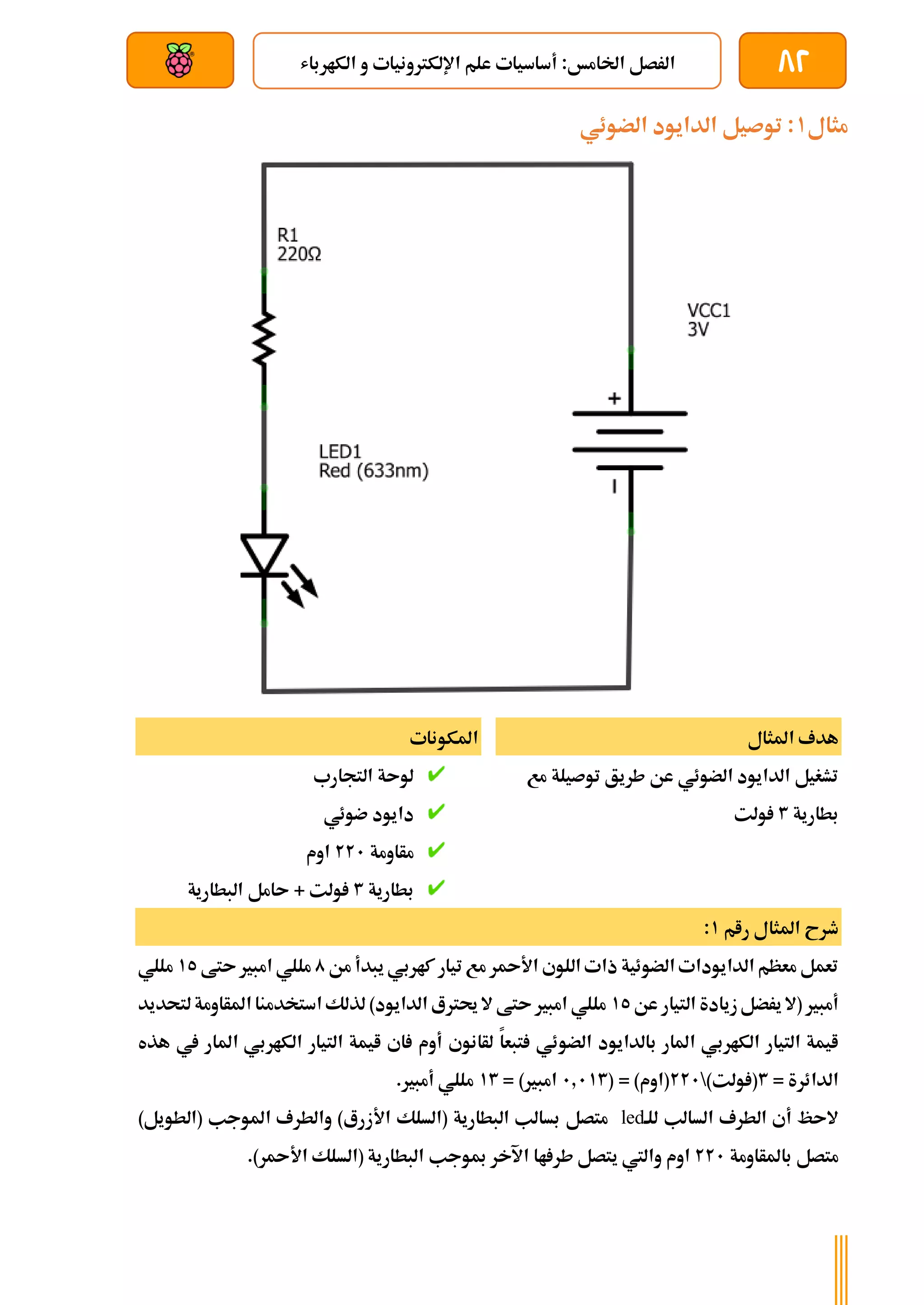 82
‫الكارباش‬ ‫و‬ ‫اإللكرتونيات‬ ‫علم‬ ‫أساسيات‬ :‫اخلامخ‬ ‫الرصل‬
‫بعد‬ ‫عن‬ ‫والتحكم‬ ‫سلكي‬
‫مثال‬
1
‫الضوئي‬ ‫الدايود‬ ‫توصيل‬ :
‫املثال‬ ‫هدف‬
‫مع‬ ‫توصيلة‬ ‫طريق‬ ‫عن‬ ‫الضوئي‬ ‫الدايود‬ ‫تشغيل‬
‫بطارية‬
3
‫ولت‬
‫املكونات‬
‫التجارب‬ ‫لوىة‬
‫ضوئي‬ ‫دايود‬
‫مأاومة‬
221
‫اوم‬
‫بطارية‬
3
‫ىامل‬ + ‫ولت‬
‫البطارية‬
‫رام‬ ‫املثال‬ ‫طرح‬
1
:
‫من‬ ‫يبدأ‬ ‫كاربي‬ ‫تيار‬ ‫مع‬ ‫ر‬ ‫األ‬ ‫اللوي‬ ‫ذات‬ ‫الضوئية‬ ‫الدايودات‬ ‫معظم‬ ‫تعمل‬
0
‫ىتط‬‫امبري‬ ‫مللي‬
15
‫مللي‬
‫عن‬ ‫التيار‬ ‫زيادة‬‫يرضل‬ ‫(ال‬ ‫أمبري‬
15
‫لتحديد‬‫املأاومة‬ ‫استخدمنا‬ ‫لذلك‬ )‫الدايود‬ ‫حيرتع‬ ‫ال‬ ‫ىتط‬‫امبري‬ ‫مللي‬
‫الضو‬ ‫بالدايود‬ ‫املار‬ ‫الكاربي‬ ‫التيار‬ ‫ايمة‬
‫ه‬ ‫يف‬ ‫املار‬ ‫الكاربي‬ ‫التيار‬ ‫ايمة‬ ‫اي‬ ‫أوم‬ ‫لأانوي‬ ‫تبعا‬ ‫ئي‬
‫ذه‬
= ‫الدائرة‬
3
)‫ولت‬ (

221
( = )‫(اوم‬
1.113
= )‫امبري‬
13
.‫أمبري‬ ‫مللي‬
‫للة‬ ‫السالب‬ ‫الطرف‬ ‫أي‬ ‫الىظ‬
led
)‫(الطويل‬ ‫املوجب‬ ‫والطرف‬ )‫األزرع‬ ‫(السلك‬ ‫البطارية‬ ‫بسالب‬ ‫متصل‬
‫باملأاومة‬ ‫متصل‬
221
‫مبوجب‬ ‫اآلخر‬ ‫اا‬ ‫طر‬ ‫يتصل‬ ‫واليت‬ ‫اوم‬
.)‫ر‬ ‫األ‬ ‫(السلك‬ ‫البطارية‬
 
