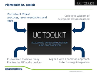 Plantronics UC Toolkit
Portfolio of IT best
practices, recommendations and
tools

Customised tools for many
Plantronics UC audio devices

Collective wisdom of
customers lessons learned

Aligned with a common approach
to technology integration
CONFIDENTIAL • EVOLVE 2.0 •

 