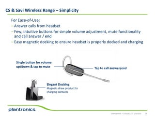 CS & Savi Wireless Range – Simplicity
For Ease-of-Use:
– Answer calls from headset
– Few, intuitive buttons for simple volume adjustment, mute functionality
and call answer / end
– Easy magnetic docking to ensure headset is properly docked and charging

Single button for volume
up/down & tap to mute

Tap to call answer/end

Elegant Docking
Magnets draw product to
charging contacts

CONFIDENTIAL • EVOLVE 2.0 • 1/14/2014

34

 