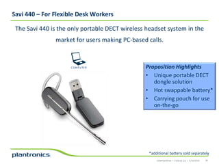 Savi 440 – For Flexible Desk Workers
The Savi 440 is the only portable DECT wireless headset system in the
market for users making PC-based calls.

Proposition Highlights
• Unique portable DECT
dongle solution
• Hot swappable battery*
• Carrying pouch for use
on-the-go

*additional battery sold separately
CONFIDENTIAL • EVOLVE 2.0 • 1/14/2014

39

 
