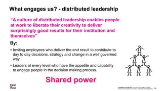 What engages us? - distributed leadership
“A culture of distributed leadership enables people
at work to liberate their cr...