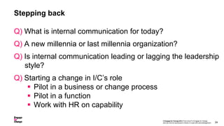Stepping back

Q) What is internal communication for today?
Q) A new millennia or last millennia organization?
Q) Is inter...