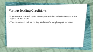 Various loading Conditions
• Loads are forces which causes stresses, deformation and displacements when
applied to a structure.
• There are several various loading conditions for simply supported beams.
 