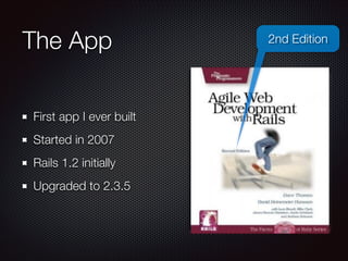 The App
First app I ever built
Started in 2007
Rails 1.2 initially
Upgraded to 2.3.5
2nd Edition
 