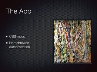 The App
CSS mess
Homebrewed
authentication
 