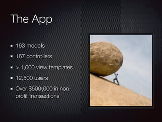 The App
163 models
167 controllers
> 1,000 view templates
12,500 users
Over $500,000 in non-
proﬁt transactions
 