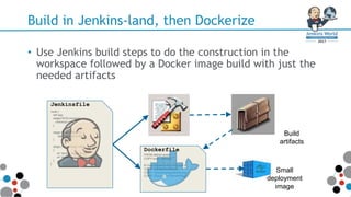 Build in Jenkins-land, then Dockerize
• Use Jenkins build steps to do the construction in the
workspace followed by a Docker image build with just the
needed artifacts
node {
def app
stage('SCM clone') {
checkout scm
}
stage ('Build Image') {
app = docker.build("m
}
stage ('Print image info')
{
sh 'docker image ls my
sh 'docker image histo
}
}
Jenkinsfile
FROM debian:jessie
COPY build_artifacts /
# Copy Dockercraft config and p
COPY ./config /srv/Server
COPY ./docs/img/logo64x64.png /
COPY ./Docker /srv/Server/Plugi
Dockerfile
Build
artifacts
Small
deployment
image
 