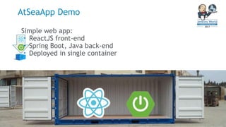 Simple web app:
• ReactJS front-end
• Spring Boot, Java back-end
• Deployed in single container
AtSeaApp Demo
 
