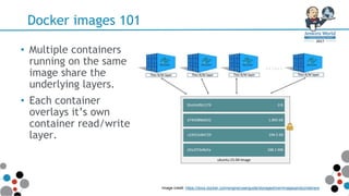 Docker images 101
• Multiple containers
running on the same
image share the
underlying layers.
• Each container
overlays it’s own
container read/write
layer.
Image credit: https://docs.docker.com/engine/userguide/storagedriver/imagesandcontainers
 