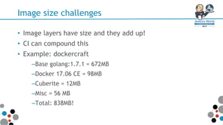 Image size challenges
• Image layers have size and they add up!
• CI can compound this
• Example: dockercraft
–Base golang:1.7.1 = 672MB
–Docker 17.06 CE = 98MB
–Cuberite = 12MB
–Misc = 56 MB
–Total: 838MB!
 