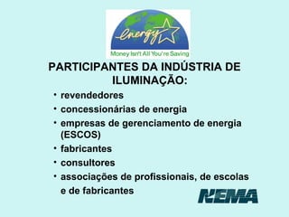 PARTICIPANTES DA INDÚSTRIA DE ILUMINAÇÃO: revendedores concessionárias de energia empresas de gerenciamento de energia (ESCOS) fabricantes consultores associações de profissionais, de escolas e de fabricantes 