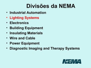 Divisões da  NEMA Industrial Automation Lighting Systems Electronics Building Equipment Insulating Materials Wire and Cable Power Equipment Diagnostic Imaging and Therapy Systems 