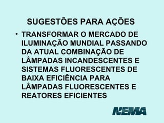 SUGESTÕES PARA AÇÕES  TRANSFORMAR O MERCADO DE ILUMINAÇÃO MUNDIAL PASSANDO DA ATUAL COMBINAÇÃO DE LÂMPADAS INCANDESCENTES E SISTEMAS FLUORESCENTES DE BAIXA EFICIÊNCIA PARA LÂMPADAS FLUORESCENTES E REATORES EFICIENTES 