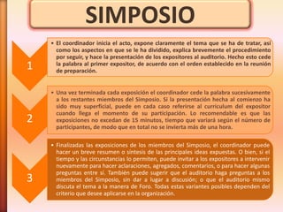 SIMPOSIO
    • El coordinador inicia el acto, expone claramente el tema que se ha de tratar, así
      como los aspectos en que se le ha dividido, explica brevemente el procedimiento
      por seguir, y hace la presentación de los expositores al auditorio. Hecho esto cede
1     la palabra al primer expositor, de acuerdo con el orden establecido en la reunión
      de preparación.


    • Una vez terminada cada exposición el coordinador cede la palabra sucesivamente
      a los restantes miembros del Simposio. Si la presentación hecha al comienzo ha
      sido muy superficial, puede en cada caso referirse al curriculum del expositor
      cuando llega el momento de su participación. Lo recomendable es que las
2     exposiciones no excedan de 15 minutos, tiempo que variará según el número de
      participantes, de modo que en total no se invierta más de una hora.

    • Finalizadas las exposiciones de los miembros del Simposio, el coordinador puede
      hacer un breve resumen o síntesis de las principales ideas expuestas. O bien, si el
      tiempo y las circunstancias lo permiten, puede invitar a los expositores a intervenir
      nuevamente para hacer aclaraciones, agregados, comentarios, o para hacer algunas
      preguntas entre sí. También puede sugerir que el auditorio haga preguntas a los
3     miembros del Simposio, sin dar a lugar a discusión; o que el auditorio mismo
      discuta el tema a la manera de Foro. Todas estas variantes posibles dependen del
      criterio que desee aplicarse en la organización.
 