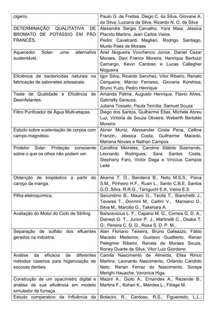 cigarro. Paulo G. de Freitas, Diego C. da Silva, Giovane A.
da Silva, Luziana da Silva, Ricardo N. O. da Silva
DETERMINAÇÃO QUALITATIVA DE
BROMATO DE POTÁSSIO EM PÃO
FRANCÊS.
Alexandre Sergio Carvalho, Yara Maia, Jéssica
Placido Martins, Jean Carlos Vieira,
Pedro Cavalcanti Magliari, Rodrigo Santiago,
Murilo Paes de Moraes
Aquecedor Solar- uma alternativa
sustentável.
Ariel Nogueira Vovchenco Júnior, Daniel Cezar
Moraes, Davi Franco Moreira, Henrique Bertozzi
Camargo, Kevin Cardoso e Lucas Callegher
Nogueira
Eficiência de bactericidas naturais na
fabricação de sabonetes artesanais.
Igor Silva, Ricardo Sanchez, Vitor Ribeiro, Renato
Cerqueira, Marcio Ferrarez, Giovana Korehisa,
Bruno Yuzo, Pedro Henrique
Teste de Qualidade e Eficiência de
Desinfetantes.
Amanda Palma, Augusto Henrique, Flavio Alves,
Gabrielly Sarauza,
Juliana Tossato, Paula Tercília, Samuel Souza
Filtro Purificador de Água Multi-etapas. Diego dos Santos, Guilherme Elias, Michele Abreu
Luz, Victoria de Souza Oliveira, Weberth Bertoldo
Moreira
Estudo sobre sustentação de corpos com
campo magnético.
Abner Muniz, Alexsander Costa Pena, Celline
Franzin, Jéssica Costa, Guilherme Macedo,
Mariana Novais e Nathan Campos
Protetor Solar: Proteção consciente
sobre o que os olhos não podem ver.
Carolline Meireles, Caroline Stábile Sizenando,
Leonardo Rodrigues, Sara Santos Costa,
Stephany Faro, Victor Daga e Vinícius Campos
Leite
Obtenção de bioplástico a partir do
caroço da manga.
Akama T. O., Bandeira B., Neto M.S.S., Paiva
S.M., Pinheiro H.F., Ruan L., Santo C.B.E, Santos
G.O.,Silva. R.R.G., Taniguchi E.K, Vieira E.S
Pilha eletroquímica. Secundino B., Mauro G., Tecila T., Bianchetti J.,
Tavares T., Donnini M., Carlini V., Mansano D.,
Silva M., Marcilio G., Takehara A.
Avaliação do Motor do Ciclo de Stirling. Barscevicius L. F., Capano M. G., Correia G. D. A.,
Dainezi G. T., Junior P. J., Martinelli C., Osaka T.
G., Pereira C. D. G., Rosa S. D. P. M.,
Separação de sulfato dos efluentes
gerados na indústria.
Alan Floriano Teixeira, Bruno Galeazzo, Fábio
Macedo Medeiros, Gustavo Gualberto, Renan
Pelegrine Ribeiro, Renata de Moraes Souza,
Roney Duarte da Silva, Vitor Luiz Giordano
Análise da eficácia de diferentes
métodos caseiros para higienização de
escovas dentais.
Camila Nascimento de Almeida, Elisa Rinco
Martins, Leonardo Nascimento, Orlando Candido
Neto, Renan Ferraz do Nascimento, Soraya
Merighi Hauache, Veronica Higa.
Construção de um opacímetro digital e
análise de sua eficiência em modelo
simulador de fumaça.
Mazini A., Giolo A., Ernandes A., Rezende B.,
Martins F., Kohari K., Mendes L., Filiage M.
Estudo comparativo da Influência da Botacini, R.; Cardoso, R.S.; Figueiredo, L.L.;
 