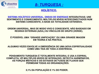 8- TURQUESA : HOLÍSTICO. SISTEMA HOLÍSTICO UNIVERSAL, ONDAS DE ENERGIAS  INTEGRATIVAS; UNE SENTIMENTO E CONHECIMENTO; MÚLTIPLOS NÍVEIS INTERCONECTADOS NUM SISTEMA CONSCIENTE; A BASE DA TOTALIDADE EXTENSIVA.   ORDEM UNIVERSAL, MAS DE MODO VIVO E CONSCIENTE, NÃO BASEADO EM REGRAS EXTERNAS (AZUL) OU VÍNCULOS DE GRUPO (VERDE).   É POSSÍVEL UMA “GRANDE UNIFICAÇÃO” OU UMA GRANDE IMAGEM EM TEORIA E NA PRÁTICA.   ALGUMAS VEZES ENVOLVE A EMERGÊNCIA DE UMA NOVA ESPIRITUALIDADE COMO UMA TEIA DE TODA A EXISTÊNCIA. PENSAMENTO TURQUESA É TOTALMENTE INTEGRAL E USA A ESPIRAL COMPLETA; VÊ MÚLTIPLOS NÍVEIS DE INTERAÇÃO; DETECTA HARMÔNICOS, AS FORÇAS MÍSTICAS E OS ESTADOS DE FUSOS DE FLUXOS QUE PERMEIAM TODAS AS ORGANIZAÇÕES.   0,1% DA POPULAÇÃO E 1% DO PODER. 
