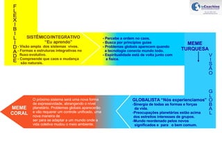 FLEXIBILIDADE SISTÊMICO/INTEGRATIVO “ Eu aprendo” - Visão ampla  dos sistemas  vivos. - Formas e estruturas integrativas no fluxo evolutivo. - Compreende que caos e mudança são naturais. - Percebe a ordem no caos. - Busca por princípios guias - Problemas globais aparecem quando   a tecnologia conecta mundo todo. - Espiritualidade está de volta junto com   a física. MEME TURQUESA VISÃO  GLOBAL GLOBALISTA   “Nós experienciamos” Sinergia de todas as formas e forças da vida. Preocupações planetárias estão acima  dos estreitos interesses de grupos. Mundo reordenado pelos novos significados e  para  o bem comum. O próximo sistema será uma nova forma de expressividade, abrangendo o nível planetário. Problemas globais aparecerão e vão requerer um controle unificado, uma nova maneira de ser para se adaptar a um mundo onde a vida coletiva mudou o meio ambiente. MEME CORAL 