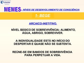 –  NÍVEIS DE DESENVOLVIMENTO DE CONSCIÊNCIA ARCAICO-INSTITIVO. NÍVEL BÁSICO DE SOBREVIVÊNCIA; ALIMENTO, ÁGUA, ABRIGO, SOBREVIVER.  1- BEGE : MEMES  REÚNE-SE EM BANDOS DE SOBREVIVÊNCIA PARA PERPETUAR A VIDA. A INDIVIDUALIDADE ESTÁ NO INÍCIO DO DESPERTAR E QUASE NÃO SE SUSTENTA. 