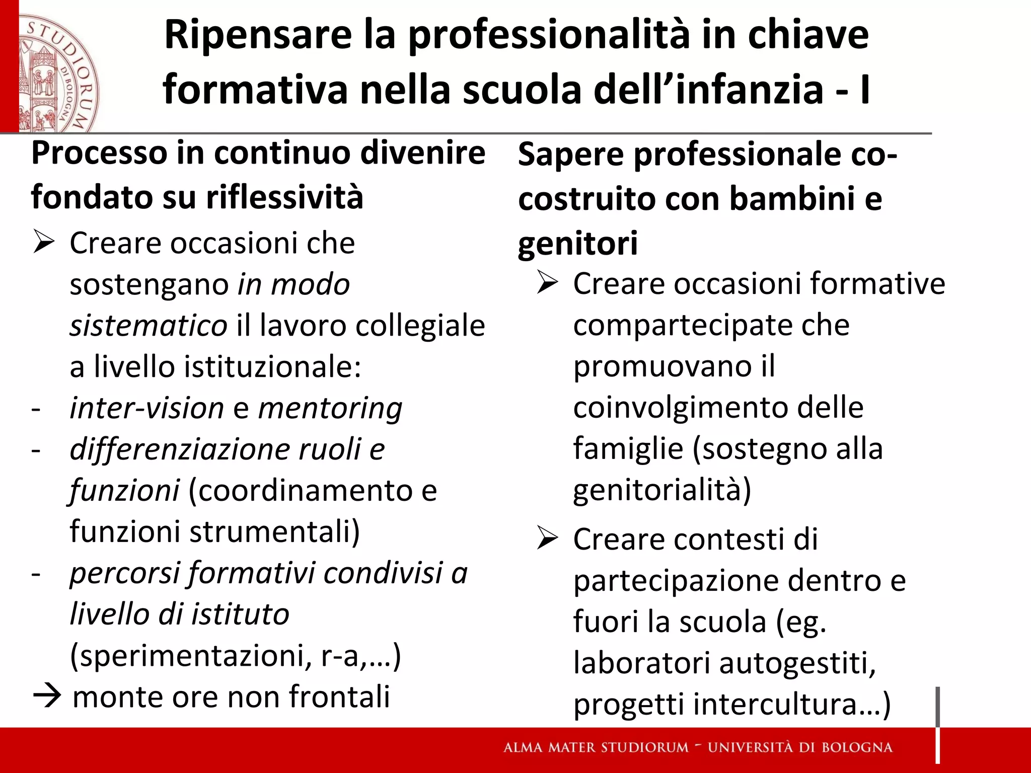 Ripensare la professionalità in chiave formativa nella scuola dell’infanzia - I 
Processo in continuo divenire fondato su riflessività 
Creare occasioni che sostengano in modo sistematico il lavoro collegiale a livello istituzionale: 
-inter-vision e mentoring 
-differenziazione ruoli e funzioni (coordinamento e funzioni strumentali) 
-percorsi formativi condivisi a livello di istituto (sperimentazioni, r-a,…) 
 monte ore non frontali 
Sapere professionale co- costruito con bambini e genitori 
Creare occasioni formative compartecipate che promuovano il coinvolgimento delle famiglie (sostegno alla genitorialità) 
Creare contesti di partecipazione dentro e fuori la scuola (eg. laboratori autogestiti, progetti intercultura…)  