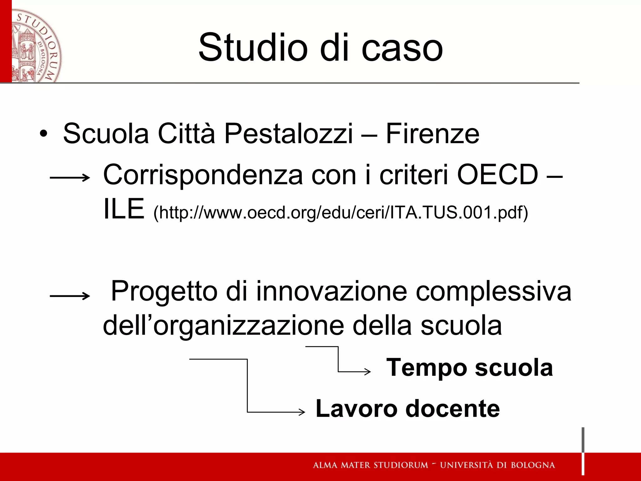 Studio di caso 
•Scuola Città Pestalozzi – Firenze 
Corrispondenza con i criteri OECD – ILE (http://www.oecd.org/edu/ceri/ITA.TUS.001.pdf) 
Progetto di innovazione complessiva dell’organizzazione della scuola 
Tempo scuola 
Lavoro docente  