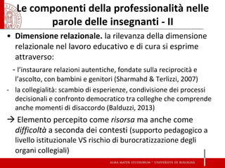 Le componenti della professionalità nelle parole delle insegnanti - II 
•Dimensione relazionale. la rilevanza della dimensione relazionale nel lavoro educativo e di cura si esprime attraverso: 
- l’instaurare relazioni autentiche, fondate sulla reciprocità e l’ascolto, con bambini e genitori (Sharmahd & Terlizzi, 2007) 
-la collegialità: scambio di esperienze, condivisione dei processi decisionali e confronto democratico tra colleghe che comprende anche momenti di disaccordo (Balduzzi, 2013) 
 Elemento percepito come risorsa ma anche come difficoltà a seconda dei contesti (supporto pedagogico a livello istituzionale VS rischio di burocratizzazione degli organi collegiali) 
 