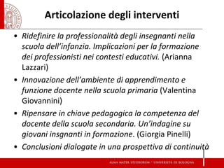 Articolazione degli interventi 
•Ridefinire la professionalità degli insegnanti nella scuola dell’infanzia. Implicazioni per la formazione dei professionisti nei contesti educativi. (Arianna Lazzari) 
•Innovazione dell’ambiente di apprendimento e funzione docente nella scuola primaria (Valentina Giovannini) 
•Ripensare in chiave pedagogica la competenza del docente della scuola secondaria. Un’indagine su giovani insgnanti in formazione. (Giorgia Pinelli) 
•Conclusioni dialogate in una prospettiva di continuità  