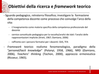 Obiettivi della ricerca e framework teorico 
- Sguardo pedagogico, retroterra filosofico; investigare la formazione della competenza docente come processo che coinvolge l’arco della vita: 
-L’insegnamento come materia specifica della competenza professionale del docente 
-cornice concettuale pedagogica per la raccolta/analisi dei dati: l’analisi delle rappresentazioni implicite (Arieti, 1967; Damiano, 2006) 
-raffronto con i percorsi formativi per i docenti: SSIS, TFA 
-Framework teorico: realismo fenomenologico, paradigma della “personal/tacit knowledge” (Polanyi, 1958, 1966), NRD (Damiano, 2006), Teachers’ thinking (Tochon, 2000), approccio ermeneutico (Ricoeur, 1965).  