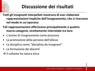 Discussione dei risultati 
Tutti gli insegnanti interpellati mostrano di aver elaborato rappresentazioni implicite dell’insegnamento, che si riversano nel modo in cui operano. 
Tali rappresentazioni afferiscono principalmente a quattro macro-categorie, strettamente interrelate tra loro: 
•L’azione di insegnamento come processo 
•La promozione della persona dell’allievo 
•La disciplina come “disciplina da insegnare” 
•La formazione dei docenti 
 Il collante ha natura etica  