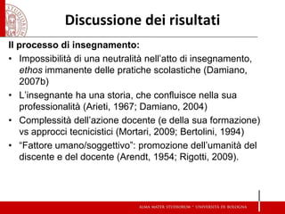 Discussione dei risultati 
Il processo di insegnamento: 
•Impossibilità di una neutralità nell’atto di insegnamento, ethos immanente delle pratiche scolastiche (Damiano, 2007b) 
•L’insegnante ha una storia, che confluisce nella sua professionalità (Arieti, 1967; Damiano, 2004) 
•Complessità dell’azione docente (e della sua formazione) vs approcci tecnicistici (Mortari, 2009; Bertolini, 1994) 
•“Fattore umano/soggettivo”: promozione dell’umanità del discente e del docente (Arendt, 1954; Rigotti, 2009). 
 