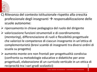 C) Rilevanza del contesto istituzionale rispetto alla crescita professionale degli insegnanti  responsabilizzazione delle scuole autonome: 
ripensamento in chiave pedagogica del ruolo del dirigente 
valorizzazione funzioni strumentali e di coordinamento (mentoring), differenziazione di ruoli e flessibilità progettuale che valorizzi le competenze di ciascun insegnante in un’ottica di complementarietà (brevi scambi di insegnanti tra diversi ordini di scuola su progetto) 
aumento monte ore non frontali per progettualità condivisa (confronto su metodologie educative e didattiche per aree progettuali, elaborazione di un curricolo verticale in un ottica di reciprocità tra i vari gradi scolastici) 
 
