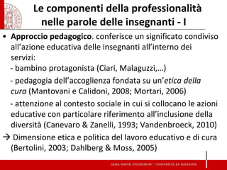 Le componenti della professionalità nelle parole delle insegnanti - I 
•Approccio pedagogico. conferisce un significato condiviso all’azione educativa delle insegnanti all’interno dei servizi: 
- bambino protagonista (Ciari, Malaguzzi,…) 
- pedagogia dell’accoglienza fondata su un’etica della cura (Mantovani e Calidoni, 2008; Mortari, 2006) 
- attenzione al contesto sociale in cui si collocano le azioni educative con particolare riferimento all’inclusione della diversità (Canevaro & Zanelli, 1993; Vandenbroeck, 2010) 
 Dimensione etica e politica del lavoro educativo e di cura (Bertolini, 2003; Dahlberg & Moss, 2005) 
 