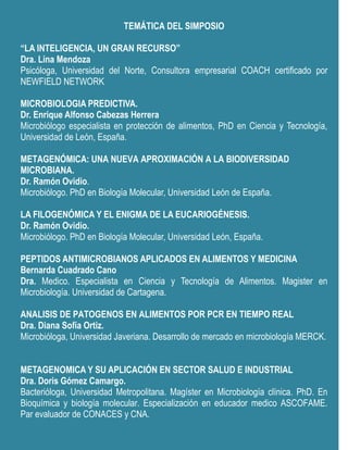 TEMÁTICA DEL SIMPOSIO

“LA INTELIGENCIA, UN GRAN RECURSO”
Dra. Lina Mendoza
Psicóloga, Universidad del Norte, Consultora empresarial COACH certificado por
NEWFIELD NETWORK

MICROBIOLOGIA PREDICTIVA.
Dr. Enrique Alfonso Cabezas Herrera
Microbiólogo especialista en protección de alimentos, PhD en Ciencia y Tecnología,
Universidad de León, España.

METAGENÓMICA: UNA NUEVA APROXIMACIÓN A LA BIODIVERSIDAD
MICROBIANA.
Dr. Ramón Ovidio.
Microbiólogo. PhD en Biología Molecular, Universidad León de España.

LA FILOGENÓMICA Y EL ENIGMA DE LA EUCARIOGÉNESIS.
Dr. Ramón Ovidio.
Microbiólogo. PhD en Biología Molecular, Universidad León, España.

PEPTIDOS ANTIMICROBIANOS APLICADOS EN ALIMENTOS Y MEDICINA
Bernarda Cuadrado Cano
Dra. Medico. Especialista en Ciencia y Tecnología de Alimentos. Magister en
Microbiología. Universidad de Cartagena.

ANALISIS DE PATOGENOS EN ALIMENTOS POR PCR EN TIEMPO REAL
Dra. Diana Sofía Ortiz.
Microbióloga, Universidad Javeriana. Desarrollo de mercado en microbiología MERCK.


METAGENOMICA Y SU APLICACIÓN EN SECTOR SALUD E INDUSTRIAL
Dra. Doris Gómez Camargo.
Bacterióloga, Universidad Metropolitana. Magíster en Microbiología clínica. PhD. En
Bioquímica y biología molecular. Especialización en educador medico ASCOFAME.
Par evaluador de CONACES y CNA.
 