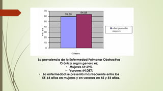 La prevalencia de la Enfermedad Pulmonar Obstructiva
Crónica según genero es;
• Mujeres 59,69%
• Varones 64,08%
• La enfermedad se presenta mas frecuente entre los
55-64 años en mujeres y en varones en 45 y 54 años.
 