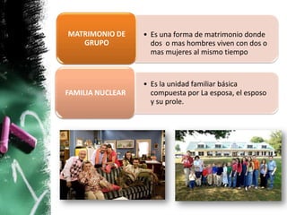 MATRIMONIO DE     • Es una forma de matrimonio donde
   GRUPO            dos o mas hombres viven con dos o
                    mas mujeres al mismo tiempo



                  • Es la unidad familiar básica
FAMILIA NUCLEAR     compuesta por La esposa, el esposo
                    y su prole.
 