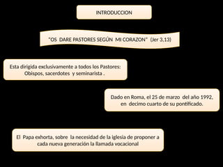 INTRODUCCION
“OS DARE PASTORES SEGÚN MI CORAZON” (Jer 3,13)
Esta dirigida exclusivamente a todos los Pastores:
Obispos, sacerdotes y seminarista .
Dado en Roma, el 25 de marzo del año 1992,
en decimo cuarto de su pontificado.
El Papa exhorta, sobre la necesidad de la iglesia de proponer a
cada nueva generación la llamada vocacional
 