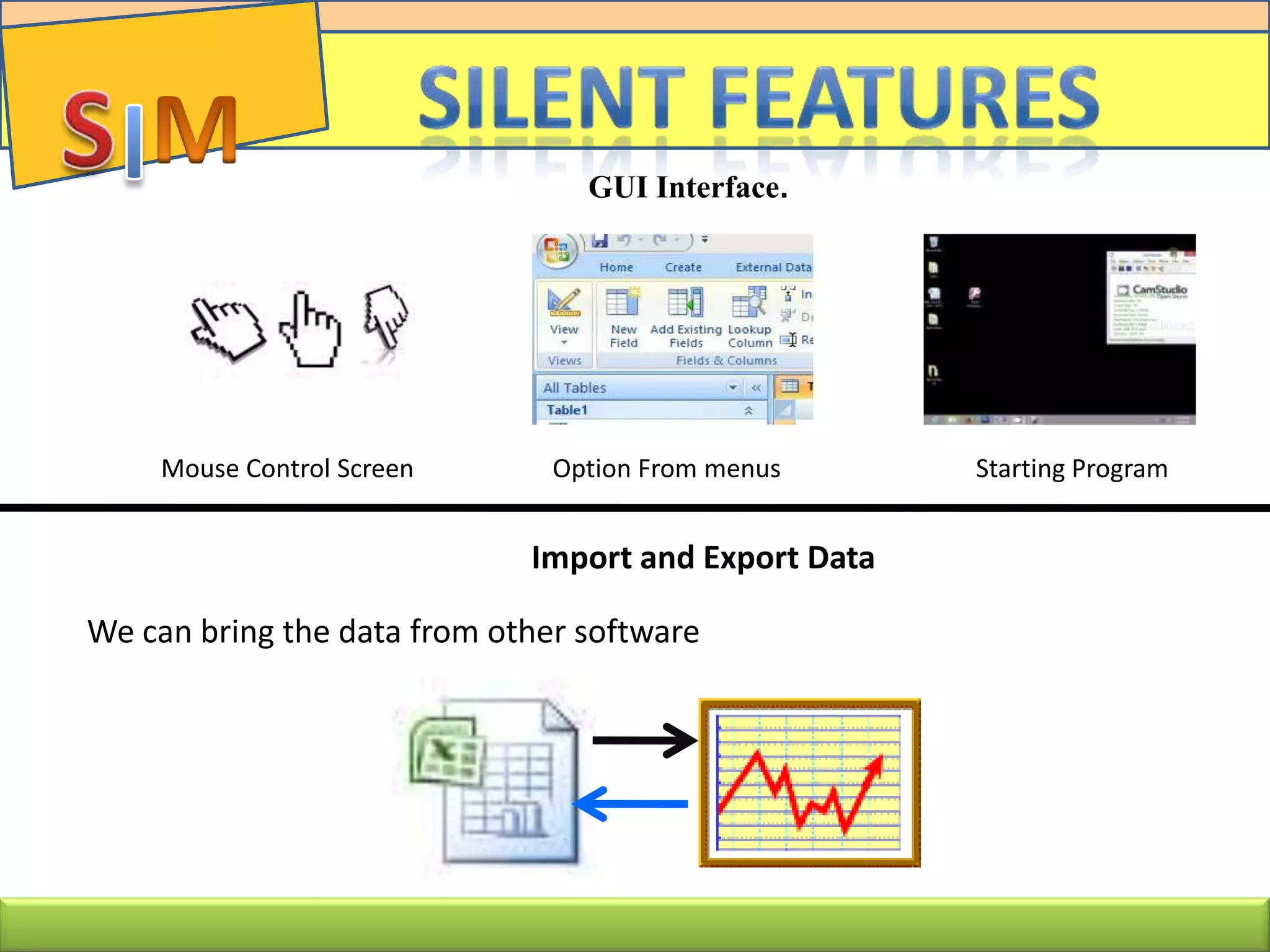 GUI Interface.
Mouse Control Screen Option From menus Starting Program
Import and Export Data
We can bring the data from other software
 