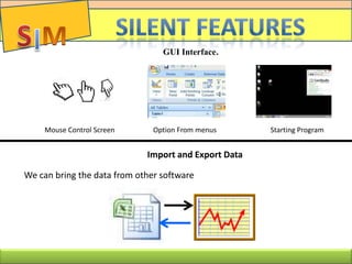 GUI Interface.
Mouse Control Screen Option From menus Starting Program
Import and Export Data
We can bring the data from other software
 