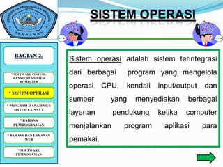 Sistem operasi adalah sistem terintegrasi
 *SOFTWARE SYSTEM : :
   SOFTWARE SYSTEM      dari berbagai       program yang mengelola
  MANAJEMEN SISTEM
      KOMPUTER
                        operasi    CPU,   kendali   input/output   dan
* SISTEM OPERASI
                        sumber       yang    menyediakan     berbagai
* PROGRAM MANAJEMEN
    SISTEM LAINNYA
                        layanan       pendukung     ketika   computer
    * BAHASA
  PEMROGRAMAN
                        menjalankan       program     aplikasi     para
* BAHASA DAN LAYANAN
         WEB            pemakai.
    * SOFTWARE
   PEMROGAMAN
 
