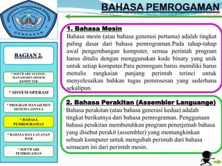 1. Bahasa Mesin
                        Bahasa mesin (atau bahasa generasi pertama) adalah tingkat
                        paling dasar dari bahasa pemrograman.Pada tahap-tahap
                        awal pengembangan komputer, semua perintah program
                        harus ditulis dengan menggunakan kode binary yang unik
                        untuk setiap komputer.Para pemrogam harus memiliki harus
 *SOFTWARE SYSTEM : :
   SOFTWARE SYSTEM      menulis rangkaian panjang perintah terinci untuk
  MANAJEMEN SISTEM
      KOMPUTER          menyelesaikan bahkan tugas pemrosesan yang sederhana
                        sekalipun.
* SISTEM OPERASI

* PROGRAM MANAJEMEN
                        2. Bahasa Perakitan (Assembler Languange)
    SISTEM LAINNYA
                        Bahasa perakitan (atau bahasa generasi kedua) adalah
    * BAHASA            tingkat berikutnya dari bahasa pemrograman. Penggunaan
  PEMROGRAMAN           bahasa perakitan membutuhkan program penerjemah bahasa
* BAHASA DAN LAYANAN    yang disebut perakit (assembler) yang memungkinkan
         WEB
                        sebuah komputer untuk mengubah perintah dari bahasa
    * SOFTWARE          semacam ini dari perintah mesin.
   PEMROGAMAN
 
