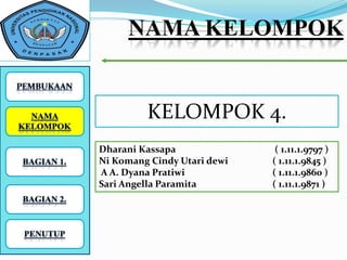 NAMA KELOMPOK


         KELOMPOK 4.
Dharani Kassapa               ( 1.11.1.9797 )
Ni Komang Cindy Utari dewi   ( 1.11.1.9845 )
A A. Dyana Pratiwi           ( 1.11.1.9860 )
Sari Angella Paramita        ( 1.11.1.9871 )
 