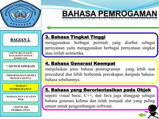 3. Bahasa Tingkat Tinggi
                        menggunakan berbagai perintah yang disebut sebagai
                        pernyataan yaitu menggunakan berbagai pernyataan singkat
 *SOFTWARE SYSTEM : :
   SOFTWARE SYSTEM
  MANAJEMEN SISTEM
                        atau istilah aritmetika.
      KOMPUTER

                        4. Bahasa Generasi Keempat
* SISTEM OPERASI
                        menjelaskan jenis bahasa pemrograman yang lebih non
* PROGRAM MANAJEMEN     procedural dan lebih berbentuk percakapan daripada bahasa-
    SISTEM LAINNYA
                        bahasa sebelumnya.
    * BAHASA
  PEMROGRAMAN
                        5. Bahasa yang Berorientasikan pada Objek
* BAHASA DAN LAYANAN    seperti visual basic, C++, dan Java juga dianggap sebagai
         WEB
                        bahasa generasi kelima dan telah menjadi alat yang paling
    * SOFTWARE          umum untuk pengembangan software.
   PEMROGAMAN
 