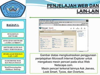 PENGERTIAN
     SOFTWARE

JENIS JENIS SOFTWARE
  ( JAMES A O’BRIEN )

SOFTWARE SUITE DAN
PAKET TERINTEGRASI

PENJELAJAH WEB DAN
     LAIN - LAIN           Gambar diatas mengilustrasikan penggunaan
                        penjelajahan Microsoft Internet Explorer untuk
 ELEKTRONIK MAIL
 DAN PESAN INSTAN        mengakses mesin pencari pada situs Web
                                      Netscape.com.
 Word Processing dan
  Publikasi Dekstop          Mesin pencari terkenal lainnya Ask Jeeves,
                              Look Smart, Tycos, dan Overture.
 