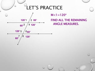 LET’S PRACTICE
M<1=120°
FIND ALL THE REMAINING
ANGLE MEASURES.
1
4
2
65
7 8
3
60°
60°
60°
60°
120°
120°
120°
120°
 
