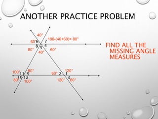 ANOTHER PRACTICE PROBLEM
FIND ALL THE
MISSING ANGLE
MEASURES
40°
120°
120°
60°
60°
40°
60°
60°
180-(40+60)= 80°
80°
80°
80°
100°
100°
12
3
4
5
6 7
8
11
10
9
12
 