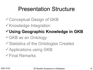 Presentation Structure Conceptual Design of GKB Knowledge Integration Using Geographic Knowledge in GKB GKB as an Ontology Statistics of the Ontologies Created Applications using GKB Final Remarks 